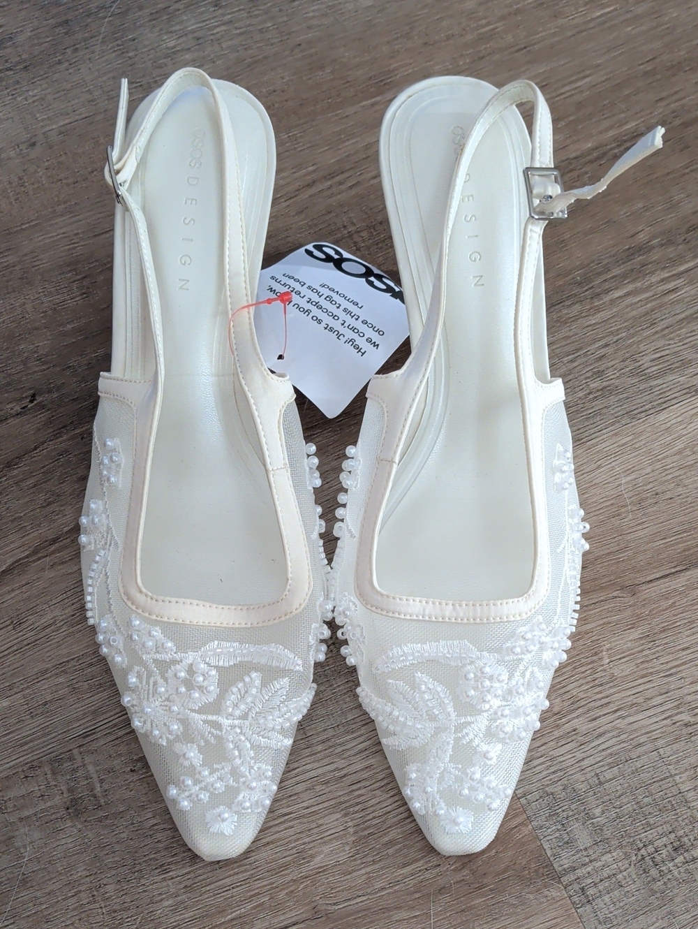 ASOS DESIGN Soulmate beaded slingback toe kitten heels in ivory mesh